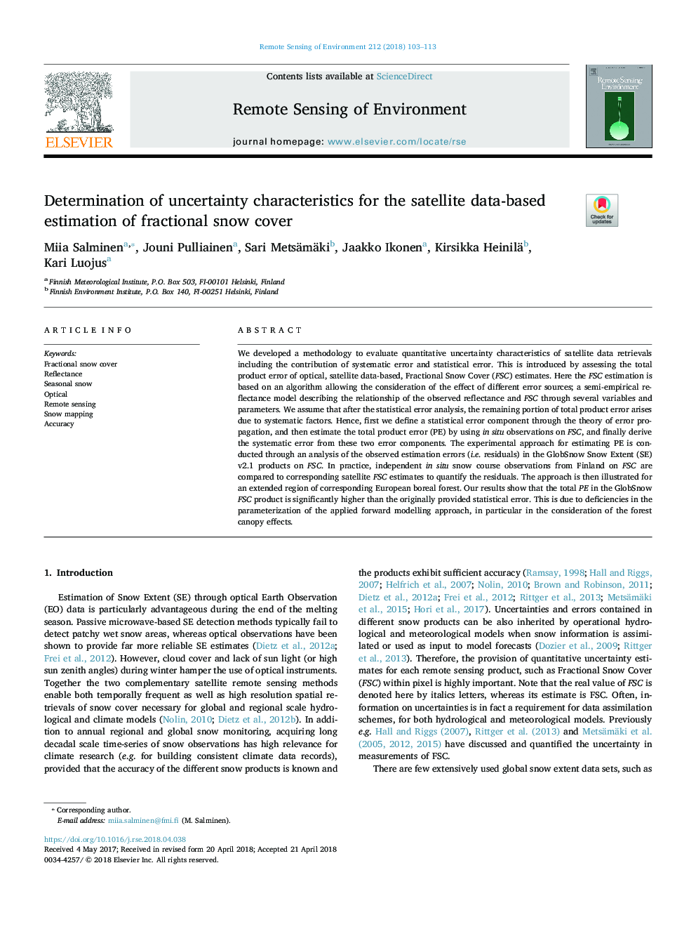 Determination of uncertainty characteristics for the satellite data-based estimation of fractional snow cover