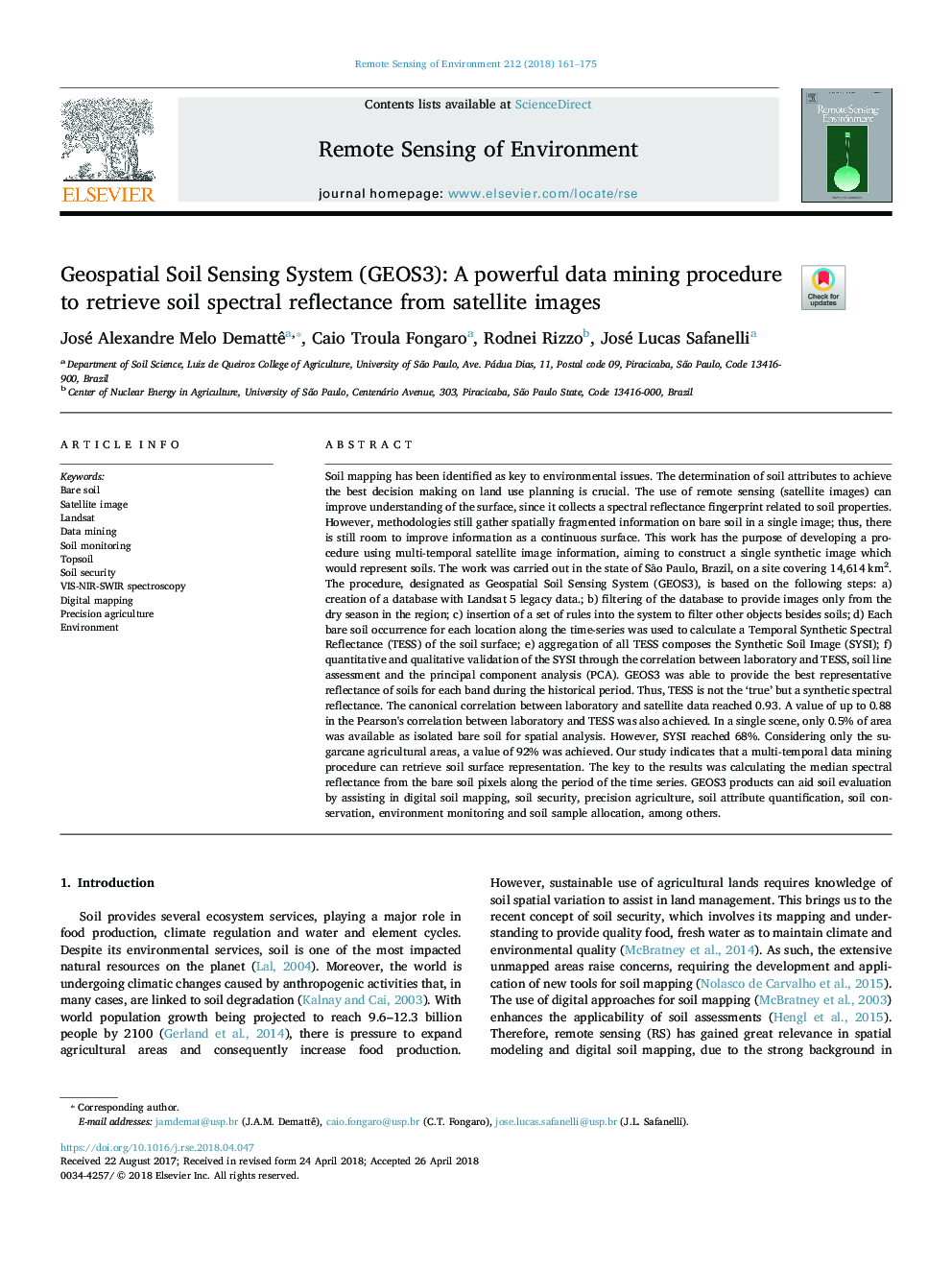 Geospatial Soil Sensing System (GEOS3): A powerful data mining procedure to retrieve soil spectral reflectance from satellite images