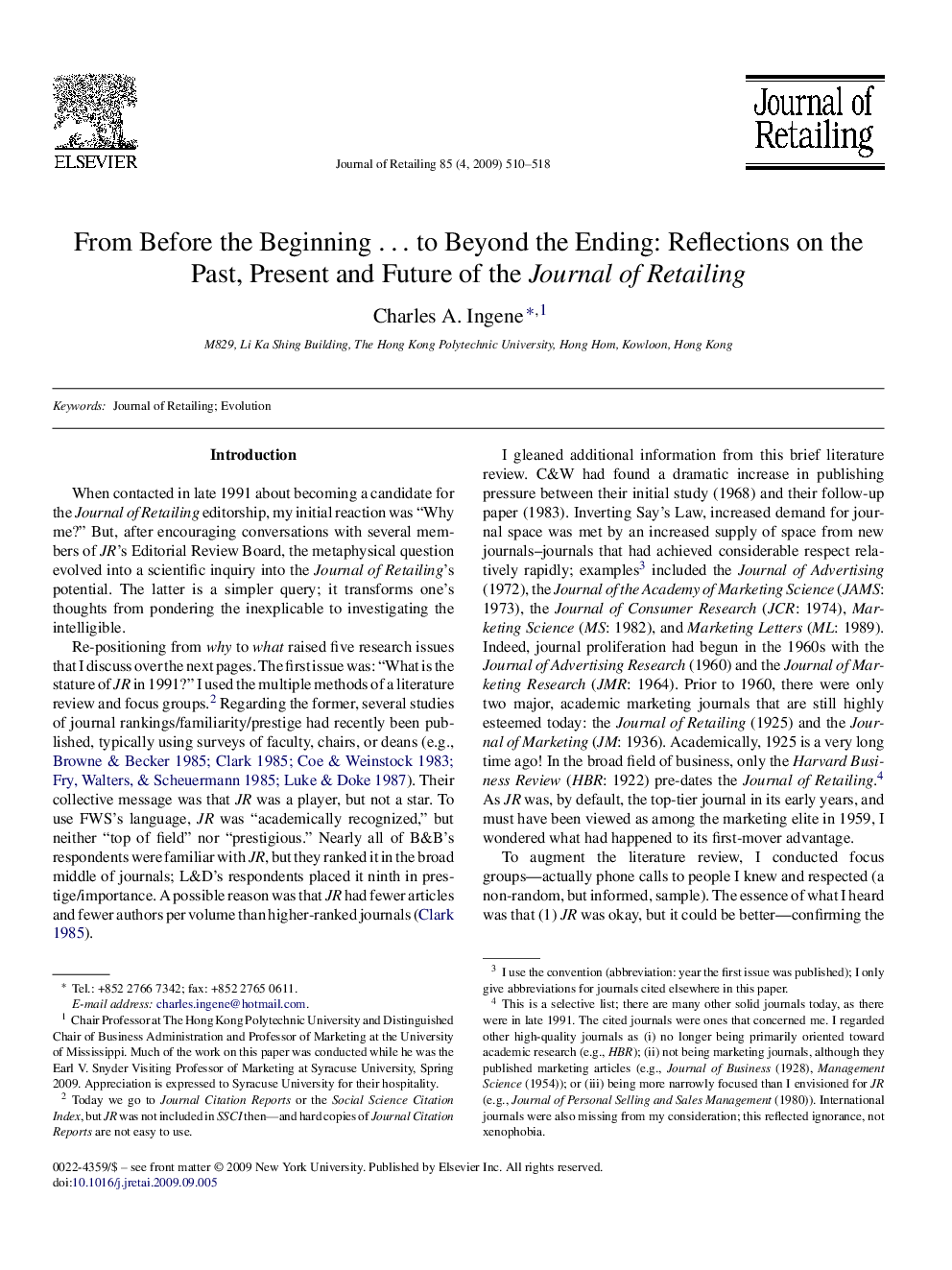 From Before the Beginning â¦ to Beyond the Ending: Reflections on the Past, Present and Future of the Journal of Retailing