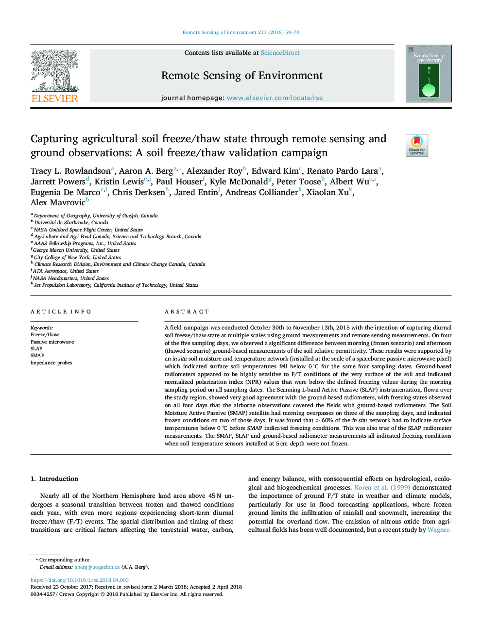 Capturing agricultural soil freeze/thaw state through remote sensing and ground observations: A soil freeze/thaw validation campaign