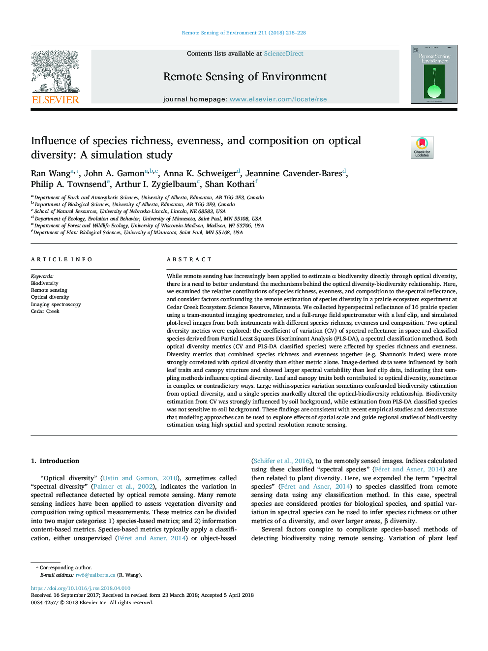 Influence of species richness, evenness, and composition on optical diversity: A simulation study