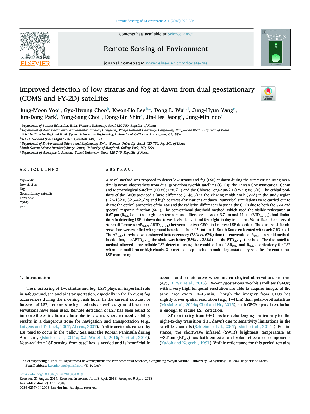 Improved detection of low stratus and fog at dawn from dual geostationary (COMS and FY-2D) satellites