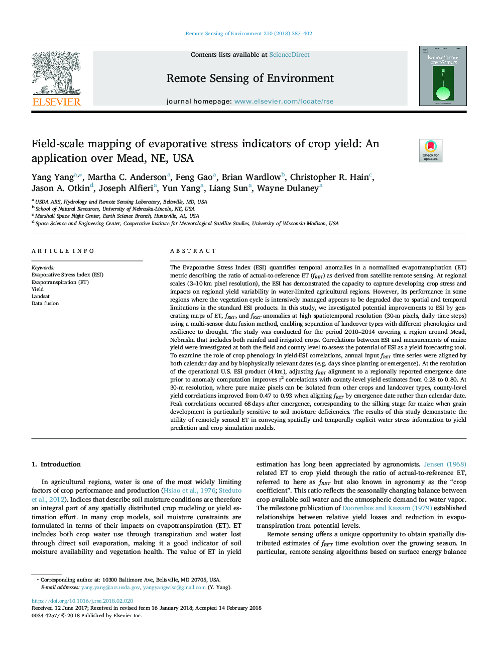 Field-scale mapping of evaporative stress indicators of crop yield: An application over Mead, NE, USA