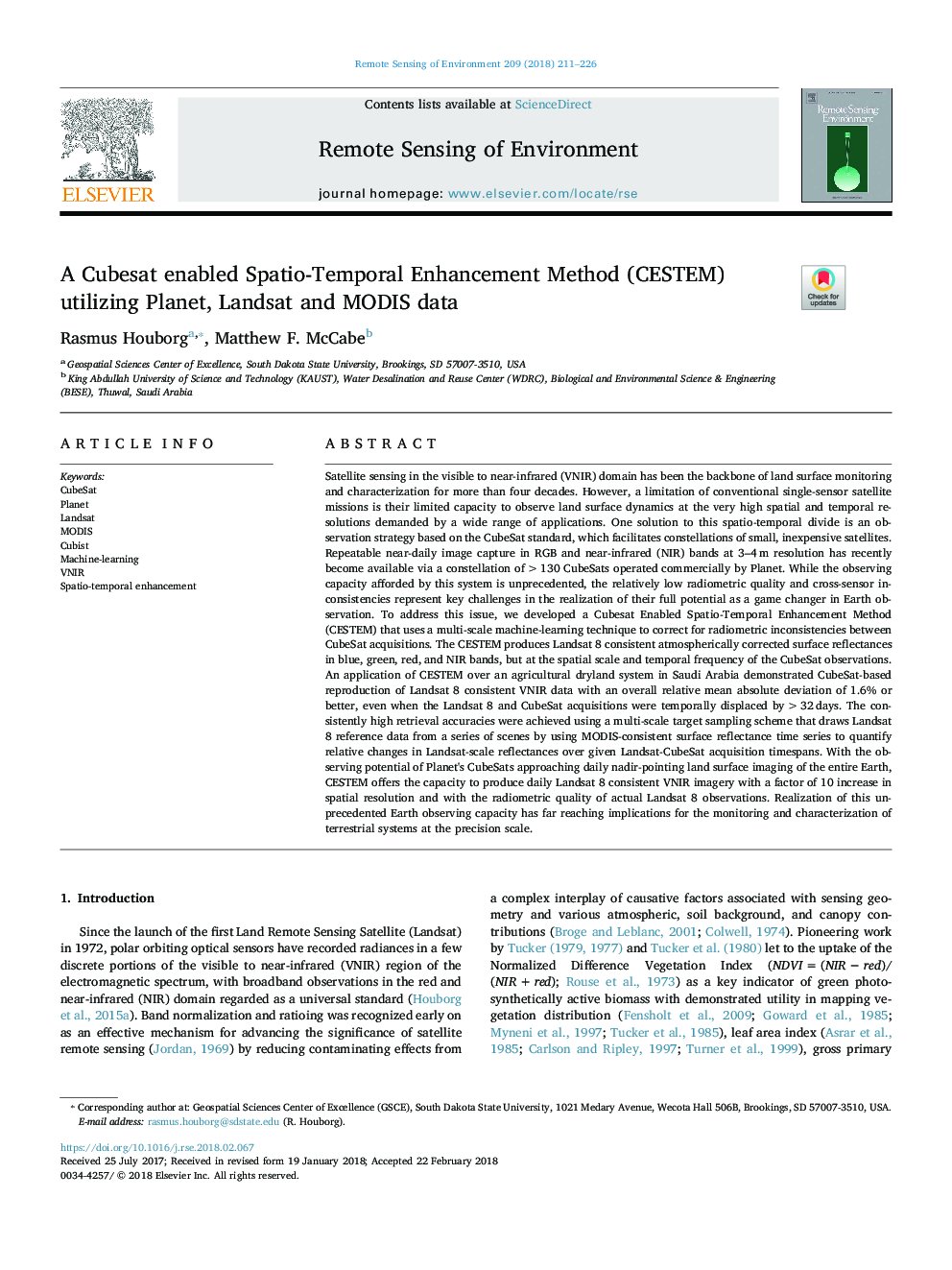 A Cubesat enabled Spatio-Temporal Enhancement Method (CESTEM) utilizing Planet, Landsat and MODIS data