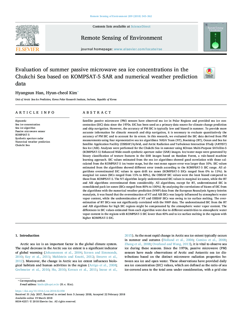 Evaluation of summer passive microwave sea ice concentrations in the Chukchi Sea based on KOMPSAT-5 SAR and numerical weather prediction data