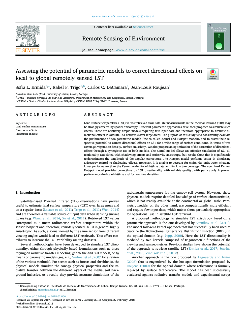 Assessing the potential of parametric models to correct directional effects on local to global remotely sensed LST