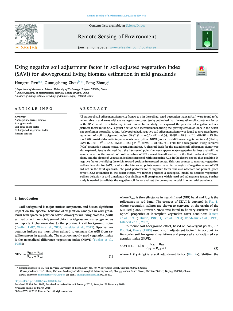 Using negative soil adjustment factor in soil-adjusted vegetation index (SAVI) for aboveground living biomass estimation in arid grasslands