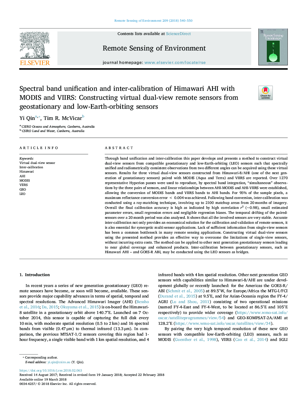 Spectral band unification and inter-calibration of Himawari AHI with MODIS and VIIRS: Constructing virtual dual-view remote sensors from geostationary and low-Earth-orbiting sensors