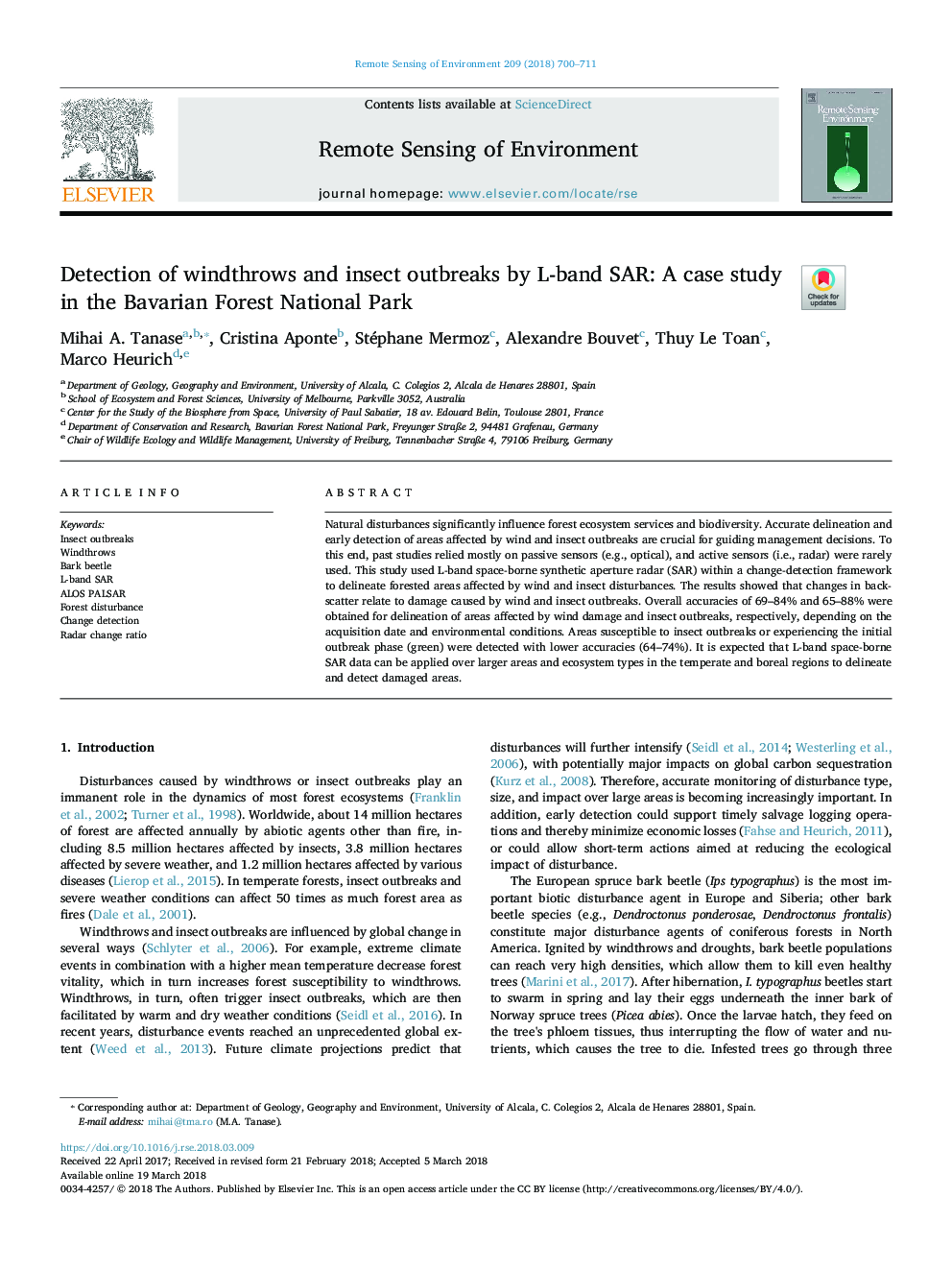 Detection of windthrows and insect outbreaks by L-band SAR: A case study in the Bavarian Forest National Park