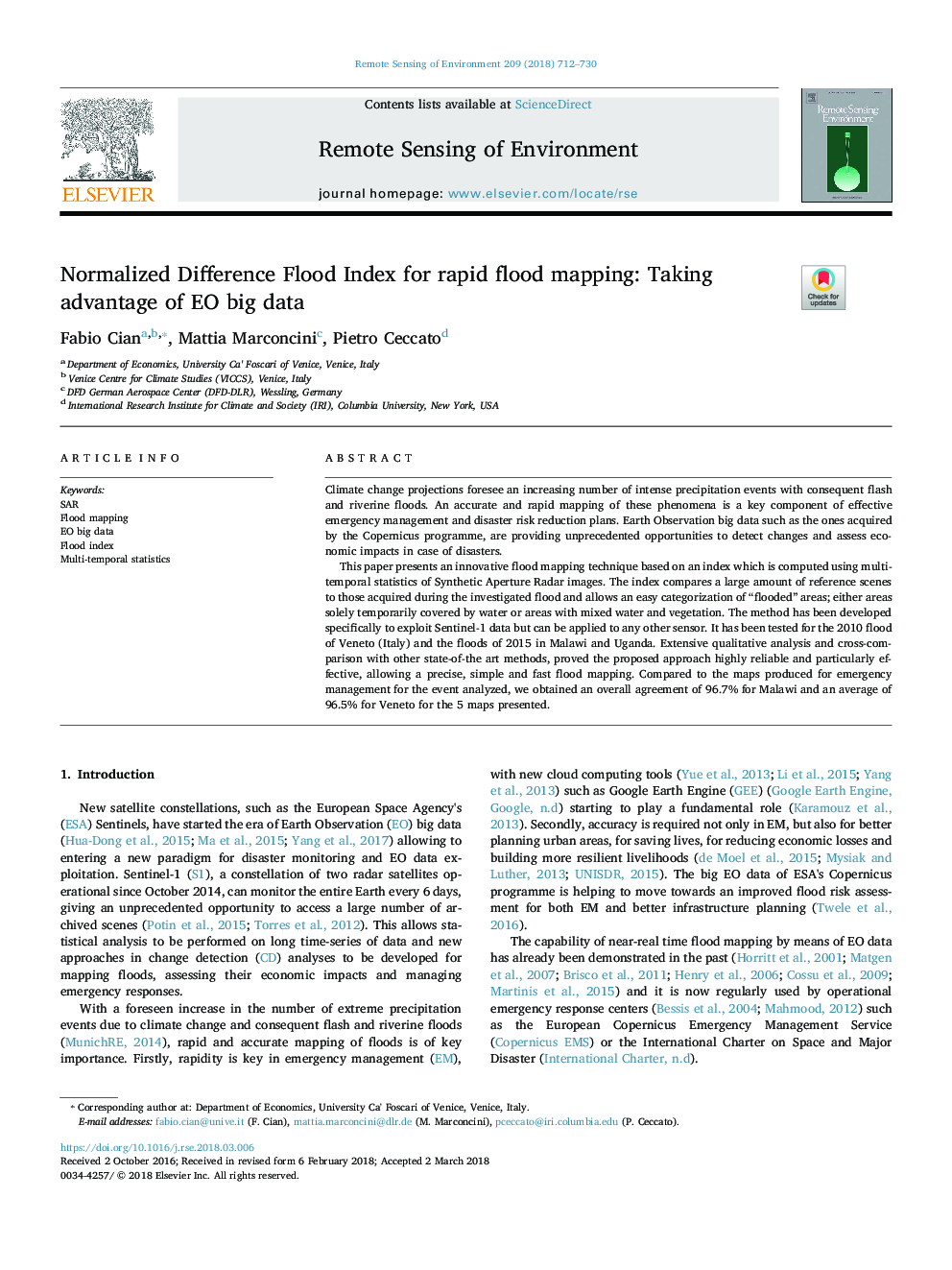 Normalized Difference Flood Index for rapid flood mapping: Taking advantage of EO big data