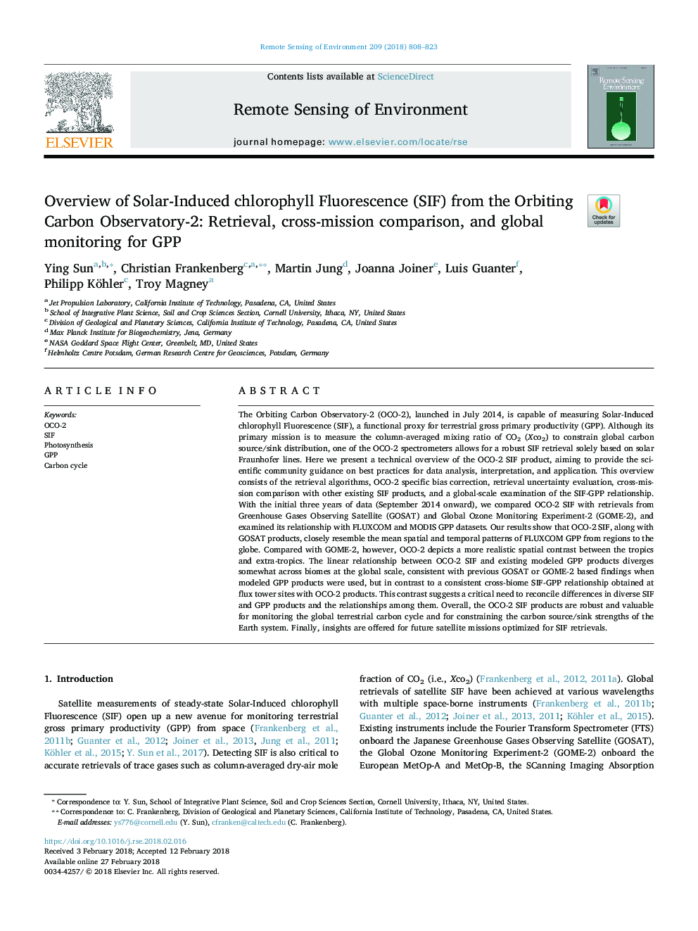 Overview of Solar-Induced chlorophyll Fluorescence (SIF) from the Orbiting Carbon Observatory-2: Retrieval, cross-mission comparison, and global monitoring for GPP