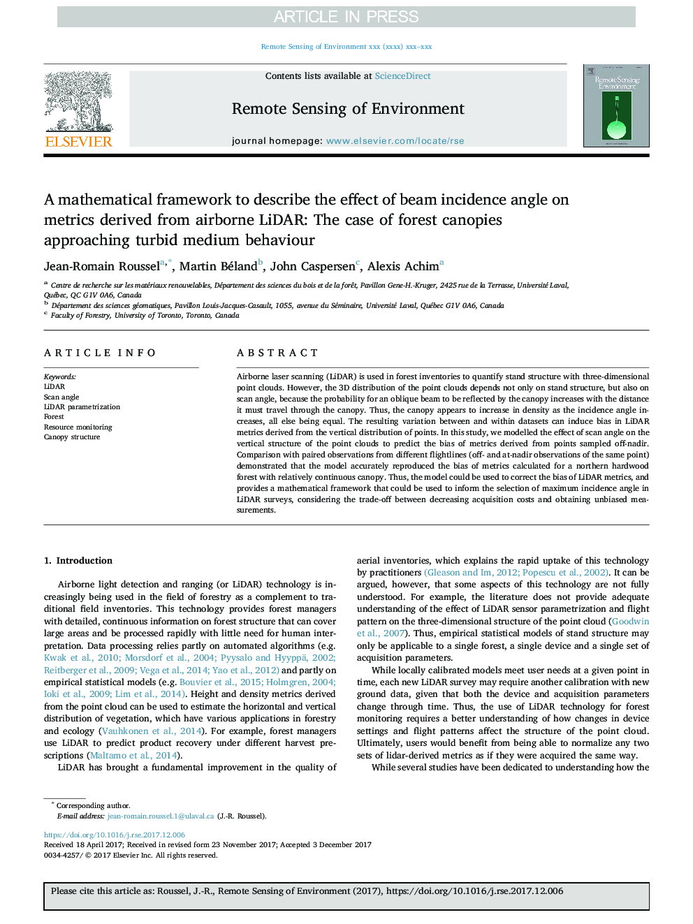 A mathematical framework to describe the effect of beam incidence angle on metrics derived from airborne LiDAR: The case of forest canopies approaching turbid medium behaviour