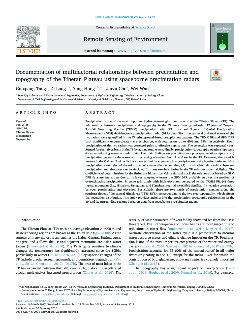 Documentation of multifactorial relationships between precipitation and topography of the Tibetan Plateau using spaceborne precipitation radars