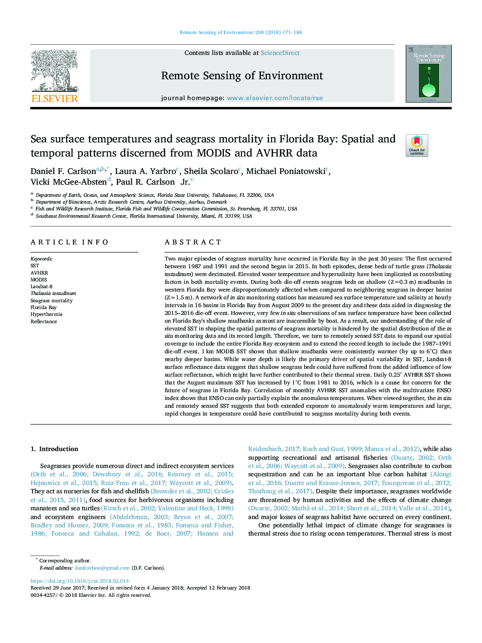 Sea surface temperatures and seagrass mortality in Florida Bay: Spatial and temporal patterns discerned from MODIS and AVHRR data