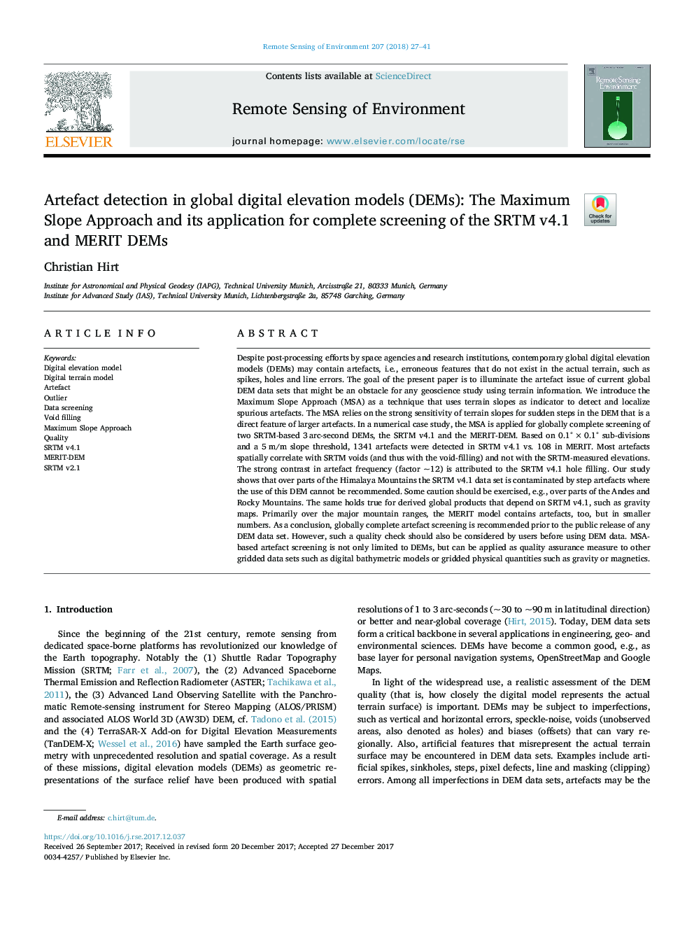 Artefact detection in global digital elevation models (DEMs): The Maximum Slope Approach and its application for complete screening of the SRTM v4.1 and MERIT DEMs