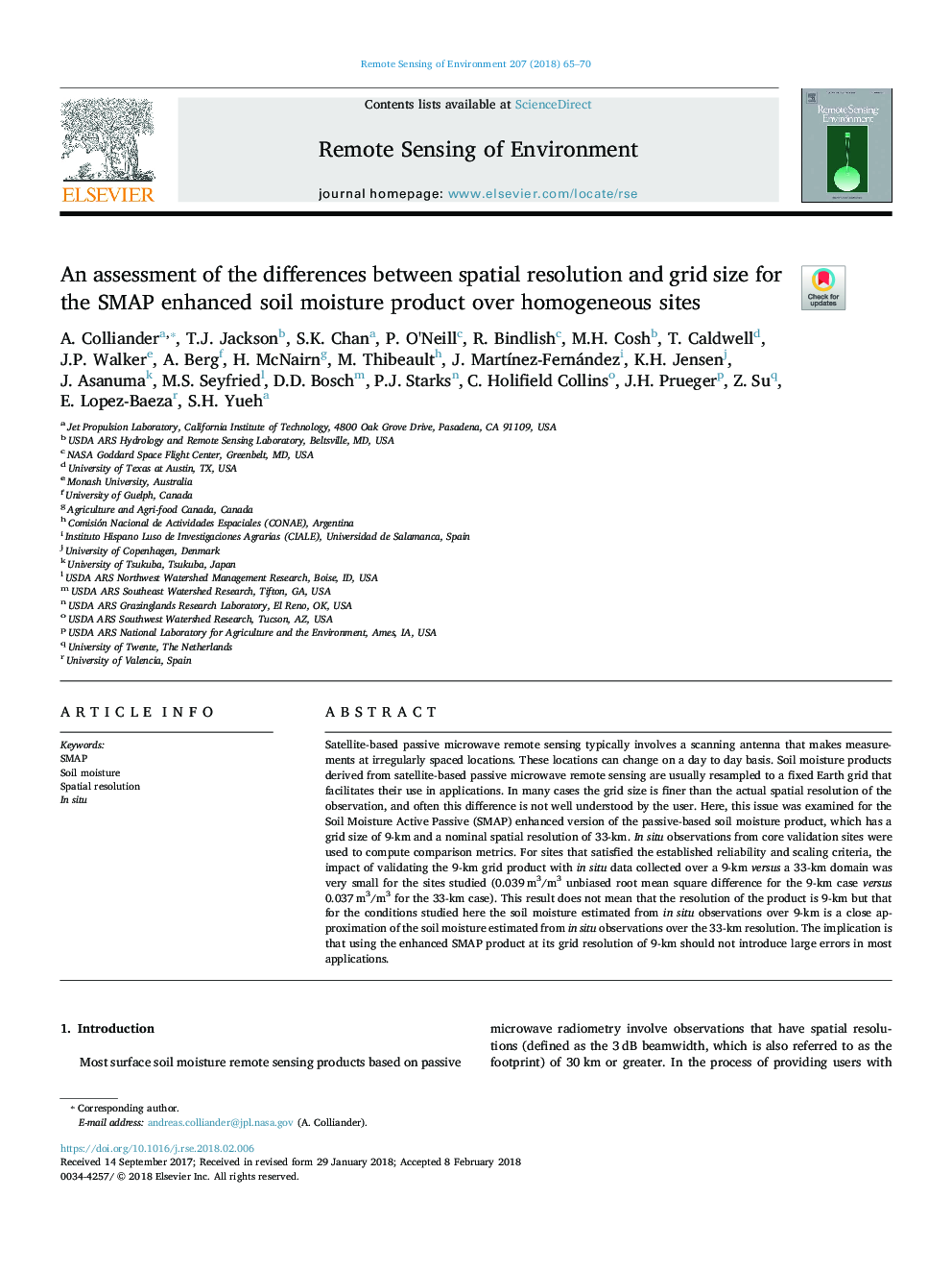 An assessment of the differences between spatial resolution and grid size for the SMAP enhanced soil moisture product over homogeneous sites