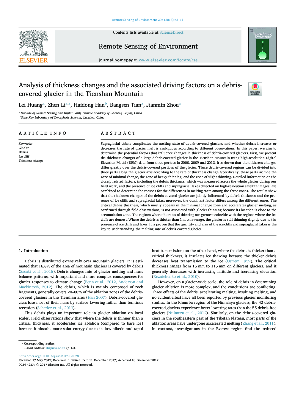 Analysis of thickness changes and the associated driving factors on a debris-covered glacier in the Tienshan Mountain