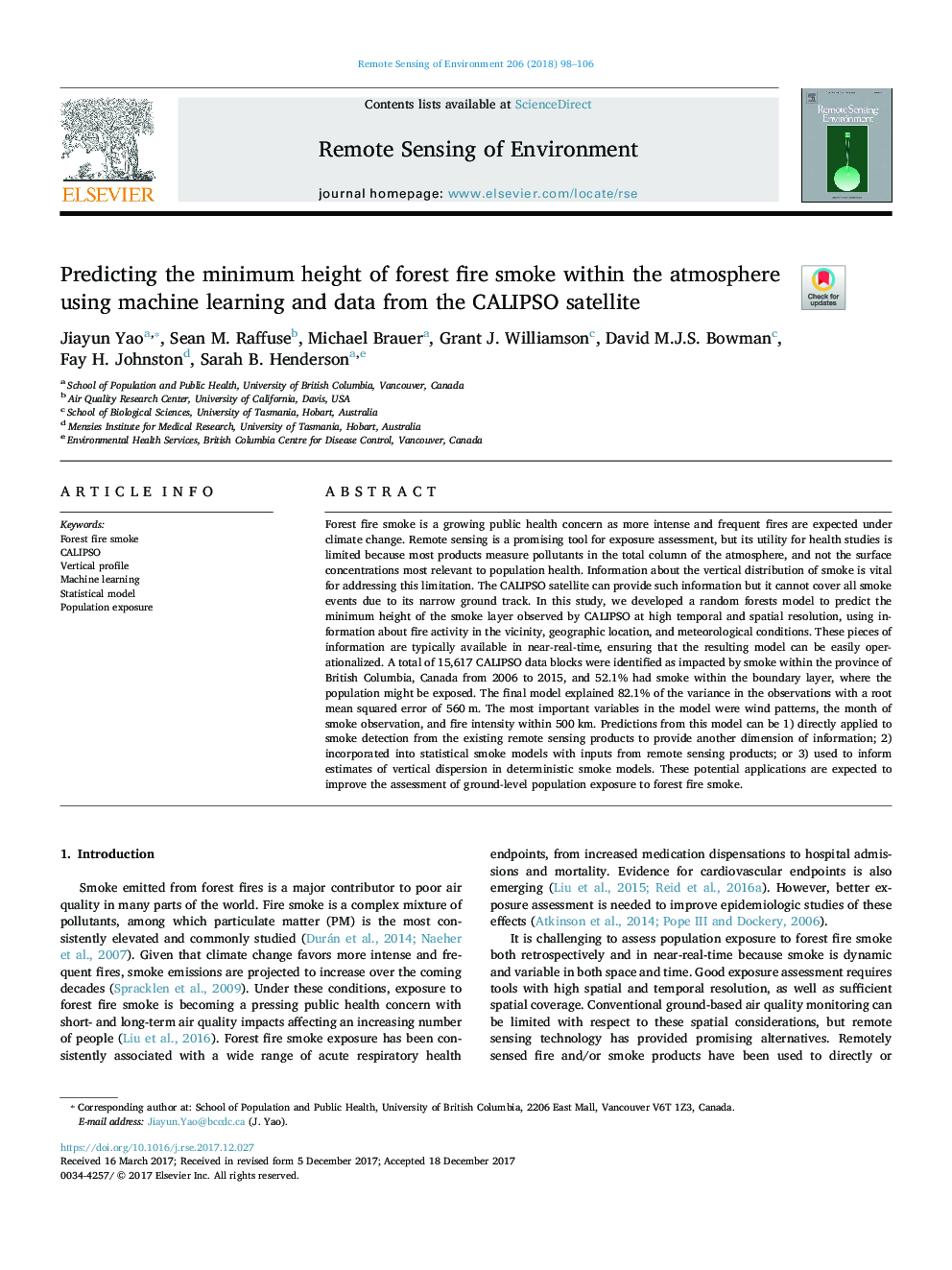 Predicting the minimum height of forest fire smoke within the atmosphere using machine learning and data from the CALIPSO satellite