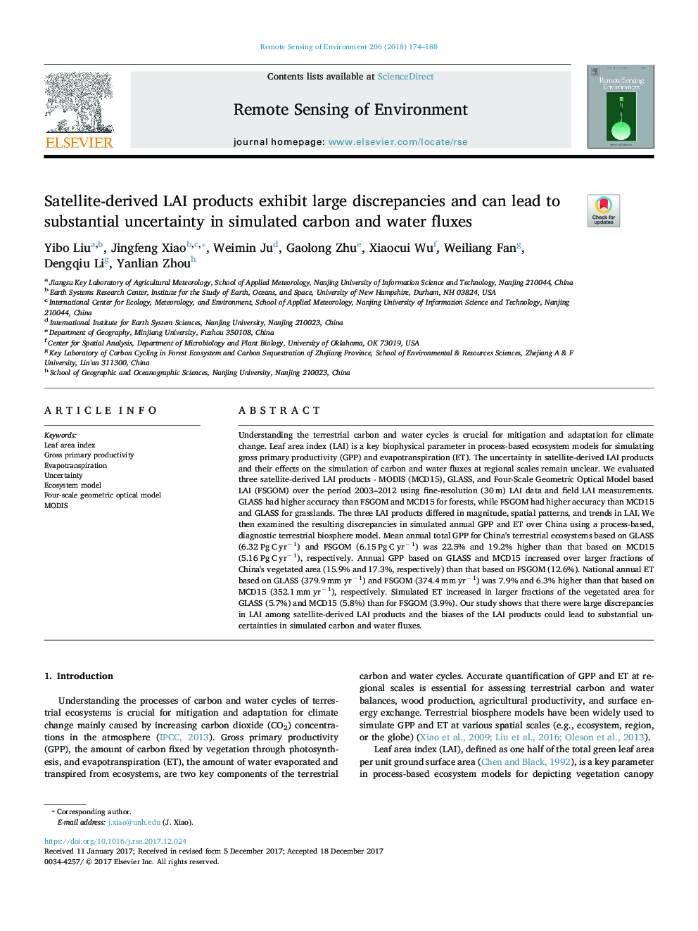 Satellite-derived LAI products exhibit large discrepancies and can lead to substantial uncertainty in simulated carbon and water fluxes