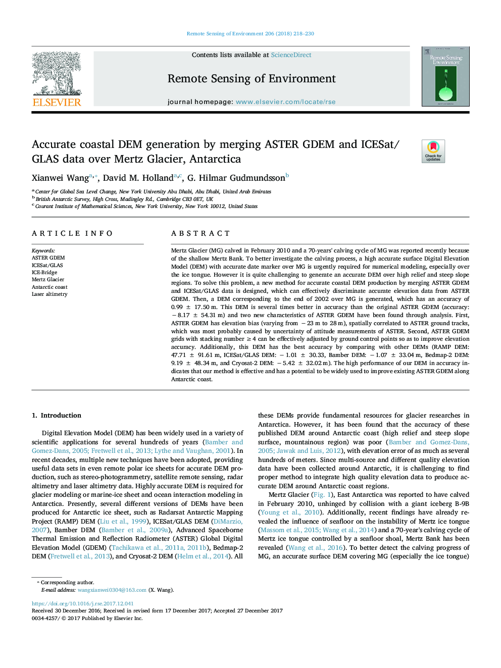 Accurate coastal DEM generation by merging ASTER GDEM and ICESat/GLAS data over Mertz Glacier, Antarctica