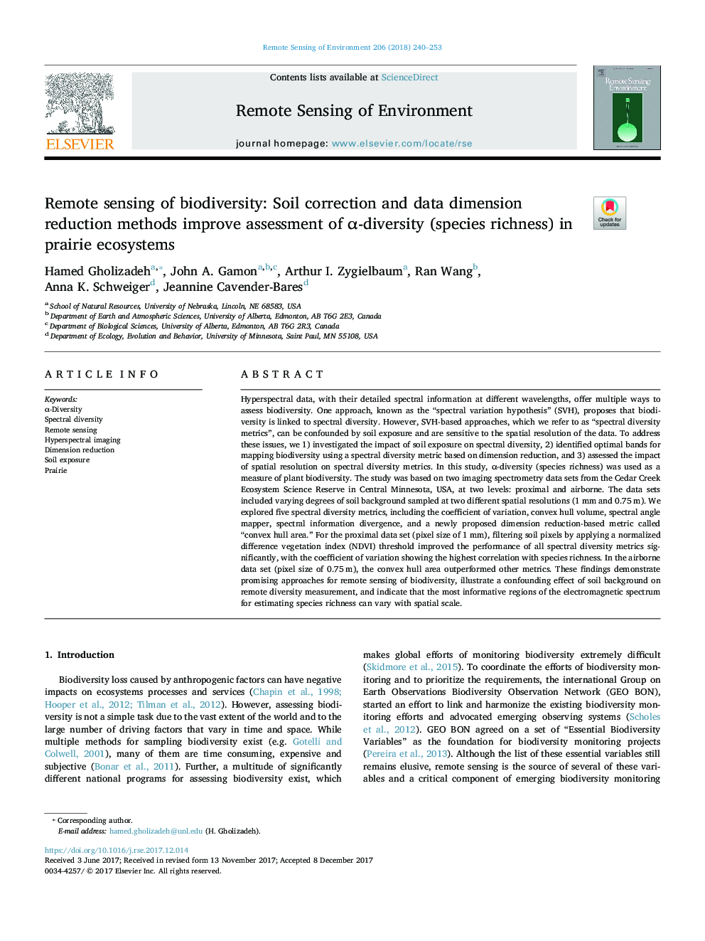 Remote sensing of biodiversity: Soil correction and data dimension reduction methods improve assessment of Î±-diversity (species richness) in prairie ecosystems