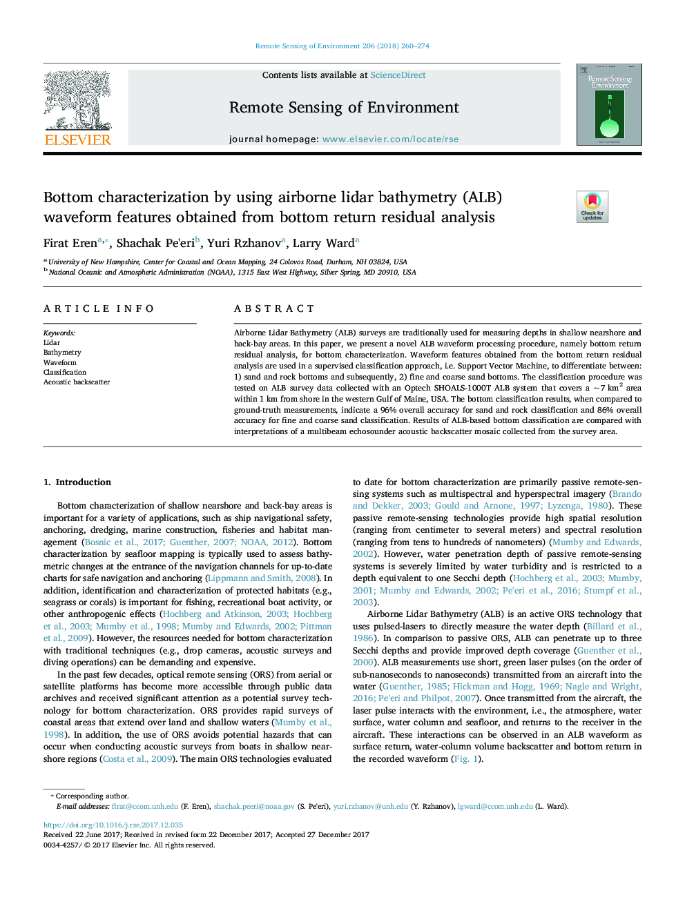 Bottom characterization by using airborne lidar bathymetry (ALB) waveform features obtained from bottom return residual analysis