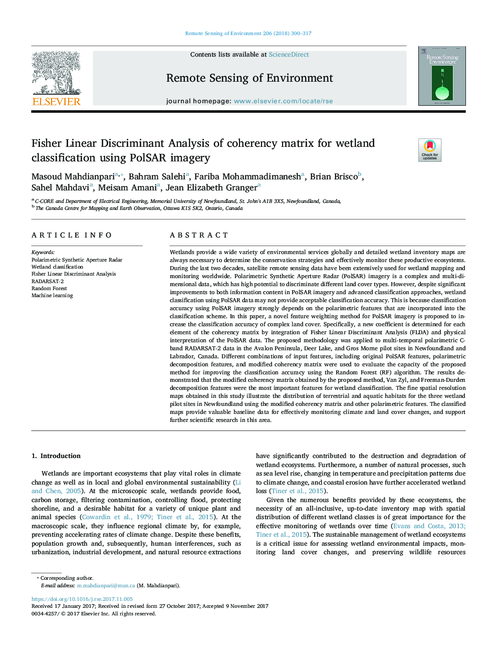 Fisher Linear Discriminant Analysis of coherency matrix for wetland classification using PolSAR imagery