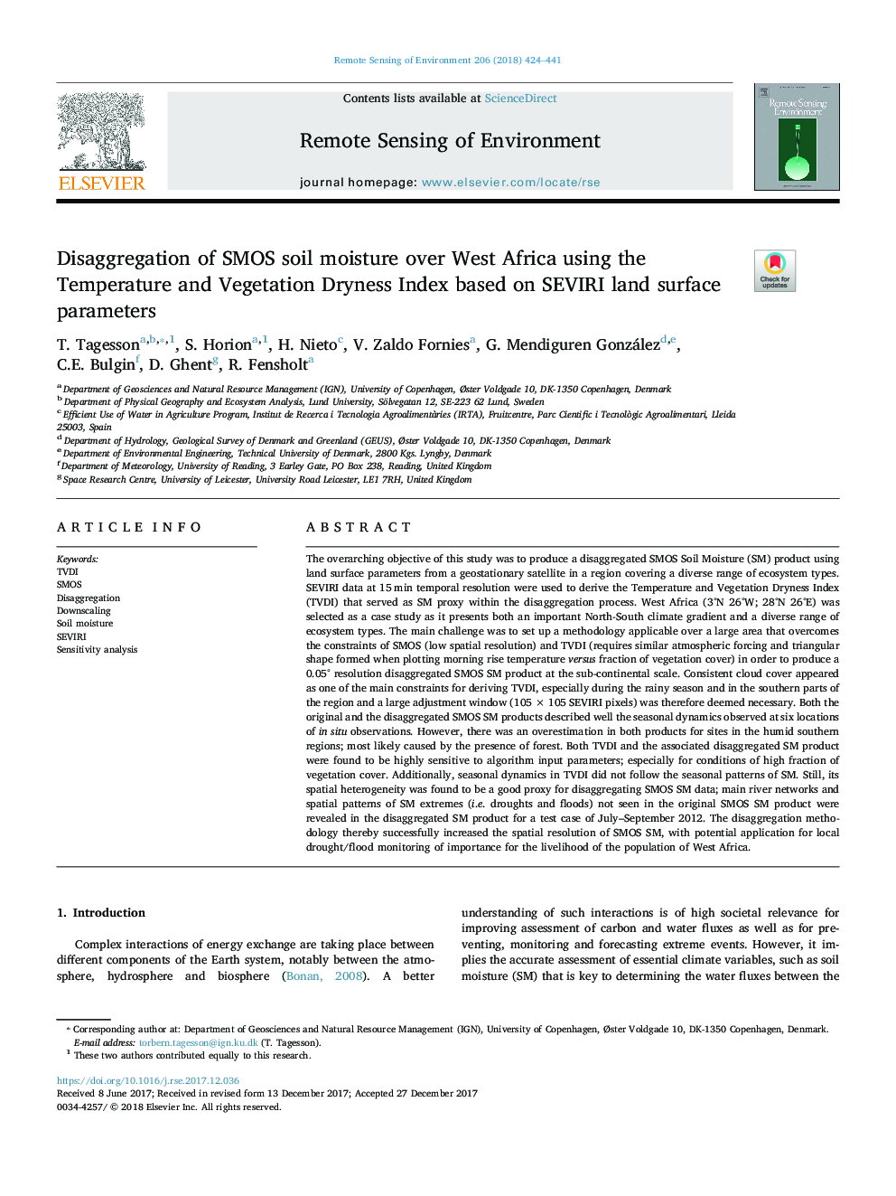 Disaggregation of SMOS soil moisture over West Africa using the Temperature and Vegetation Dryness Index based on SEVIRI land surface parameters