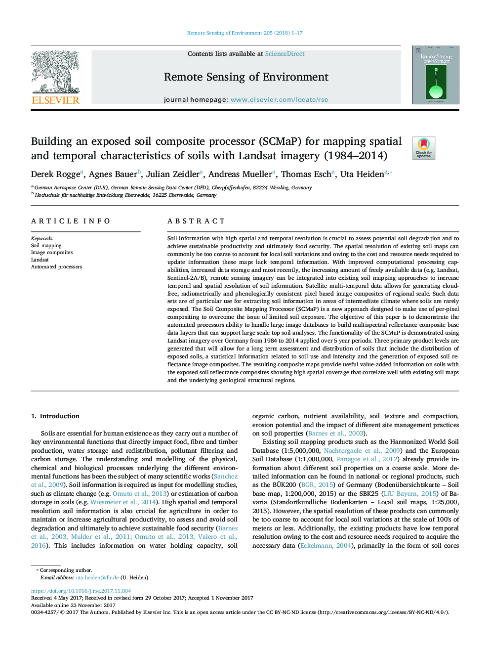 Building an exposed soil composite processor (SCMaP) for mapping spatial and temporal characteristics of soils with Landsat imagery (1984-2014)