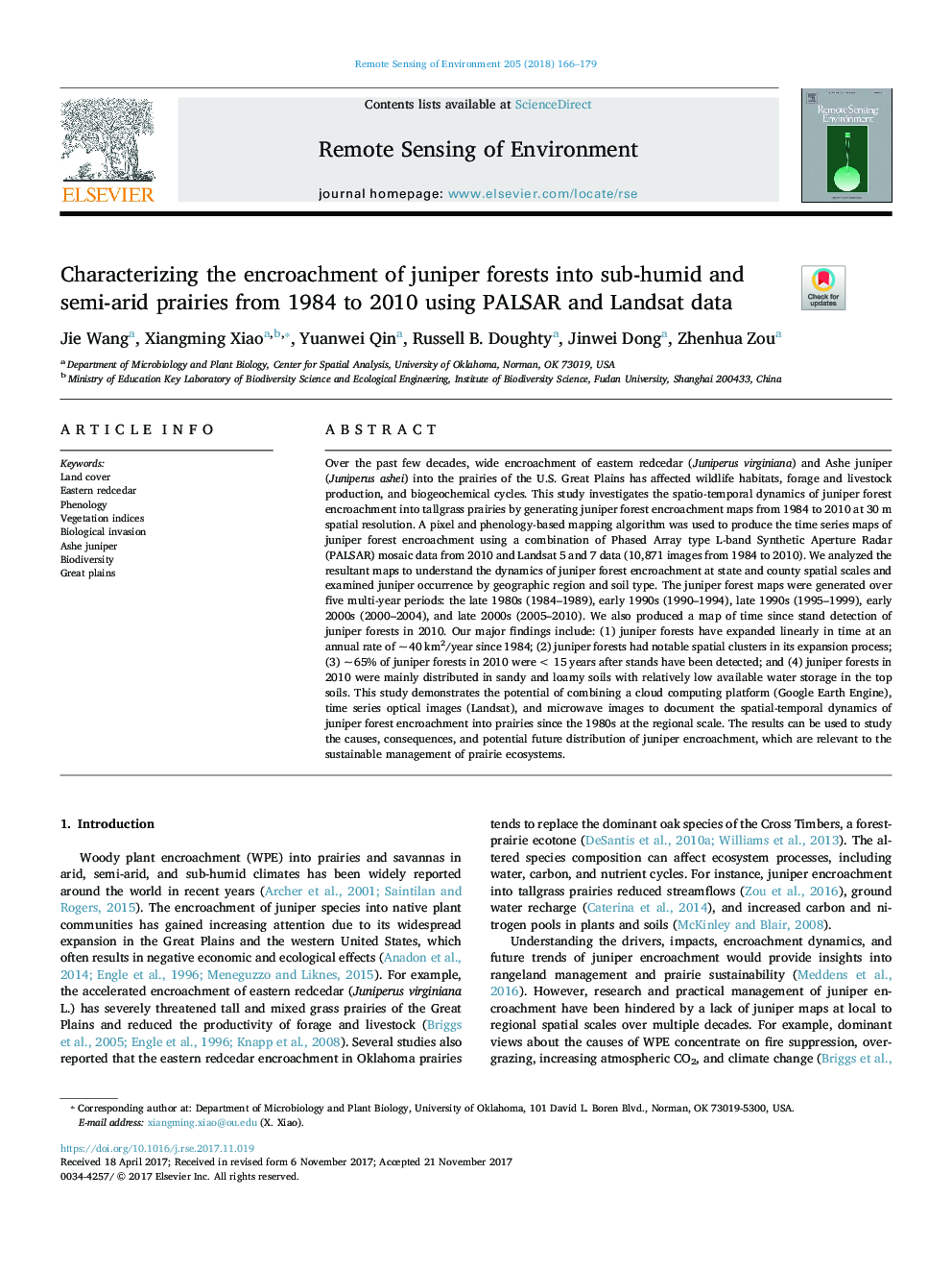 Characterizing the encroachment of juniper forests into sub-humid and semi-arid prairies from 1984 to 2010 using PALSAR and Landsat data