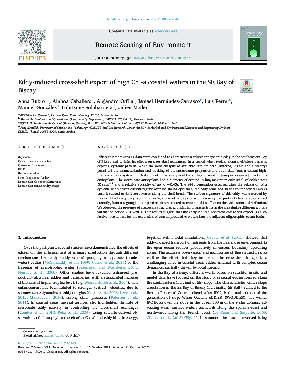 Eddy-induced cross-shelf export of high Chl-a coastal waters in the SE Bay of Biscay