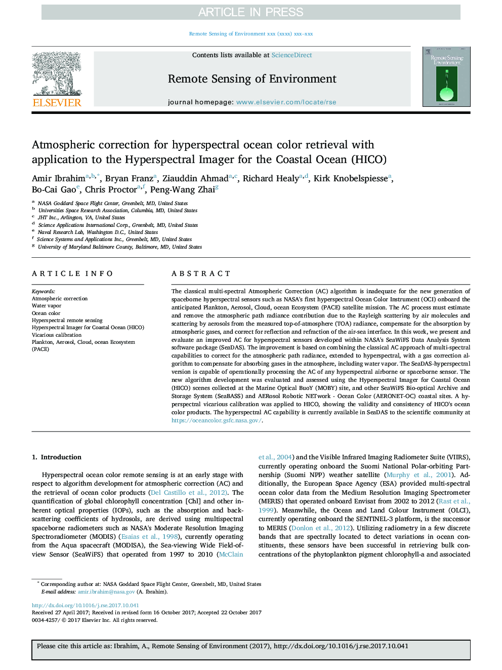 Atmospheric correction for hyperspectral ocean color retrieval with application to the Hyperspectral Imager for the Coastal Ocean (HICO)