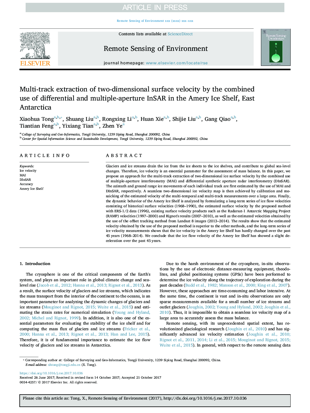 Multi-track extraction of two-dimensional surface velocity by the combined use of differential and multiple-aperture InSAR in the Amery Ice Shelf, East Antarctica