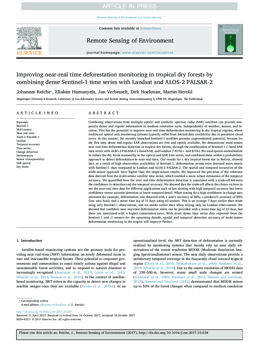 Improving near-real time deforestation monitoring in tropical dry forests by combining dense Sentinel-1 time series with Landsat and ALOS-2 PALSAR-2