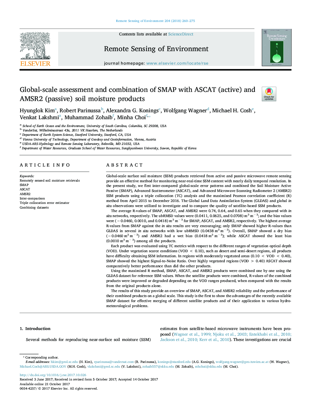 Global-scale assessment and combination of SMAP with ASCAT (active) and AMSR2 (passive) soil moisture products