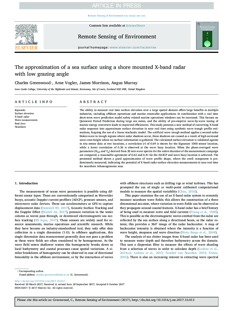 The approximation of a sea surface using a shore mounted X-band radar with low grazing angle