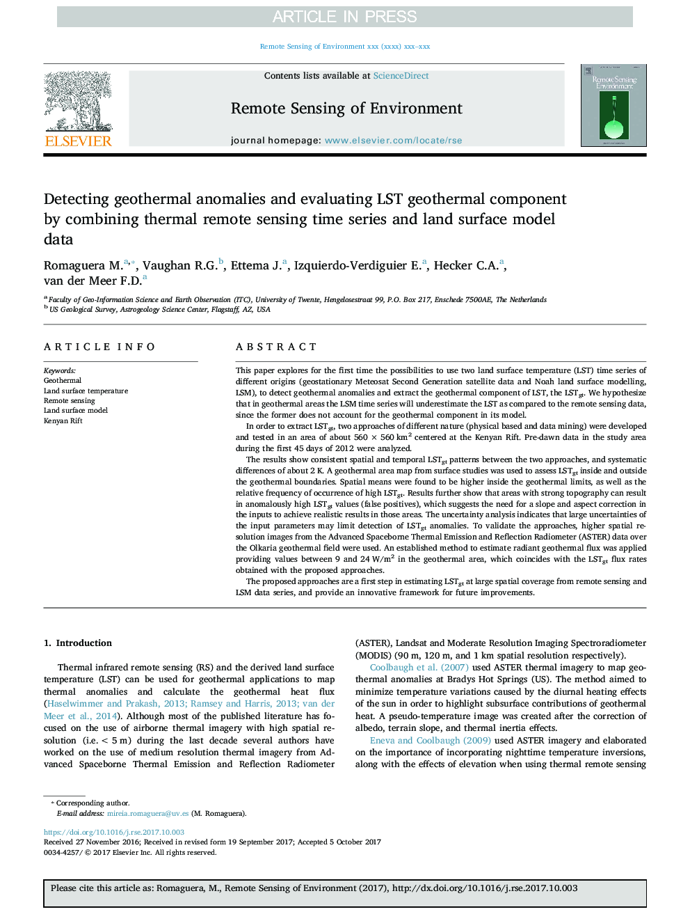 Detecting geothermal anomalies and evaluating LST geothermal component by combining thermal remote sensing time series and land surface model data
