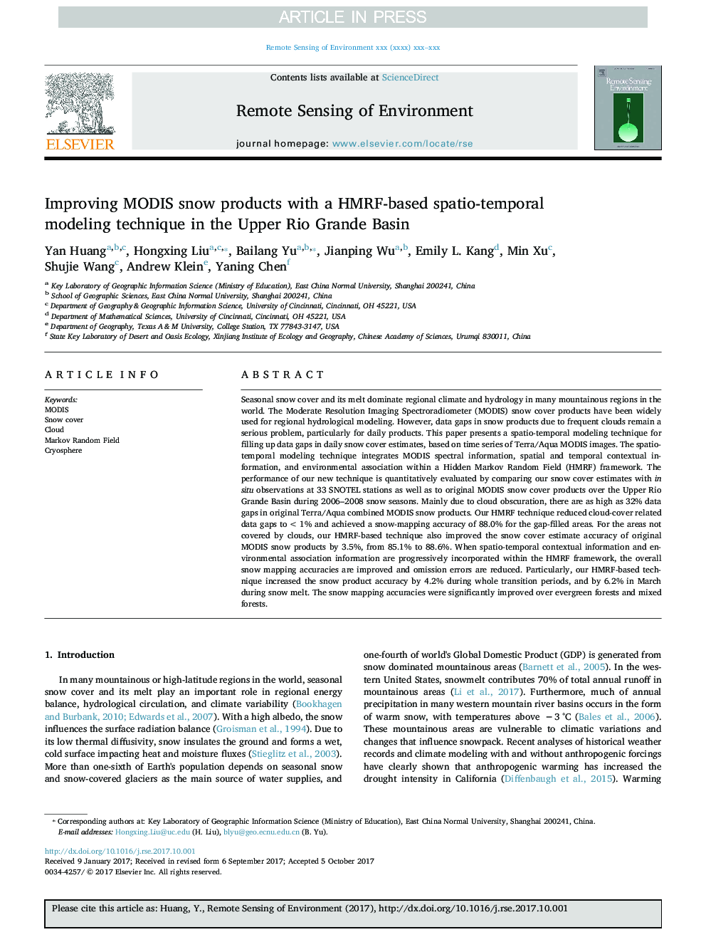 Improving MODIS snow products with a HMRF-based spatio-temporal modeling technique in the Upper Rio Grande Basin