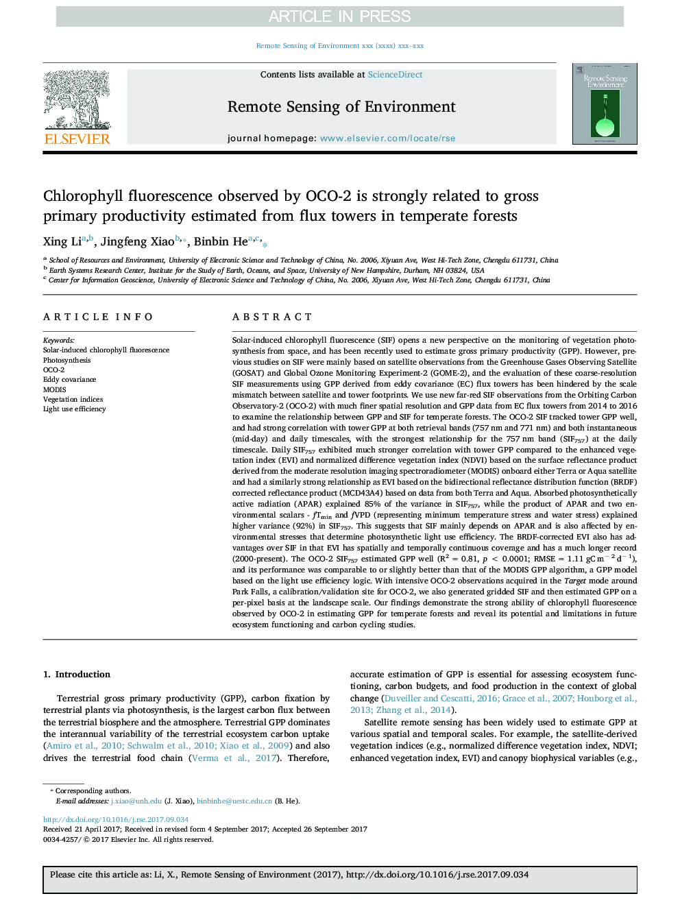 Chlorophyll fluorescence observed by OCO-2 is strongly related to gross primary productivity estimated from flux towers in temperate forests