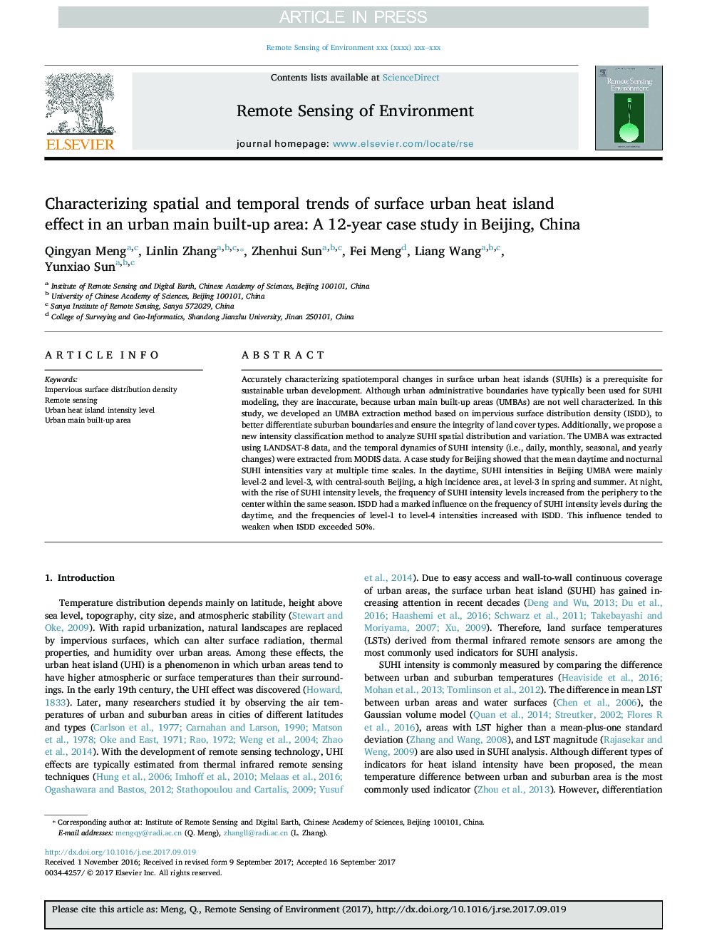 Characterizing spatial and temporal trends of surface urban heat island effect in an urban main built-up area: A 12-year case study in Beijing, China