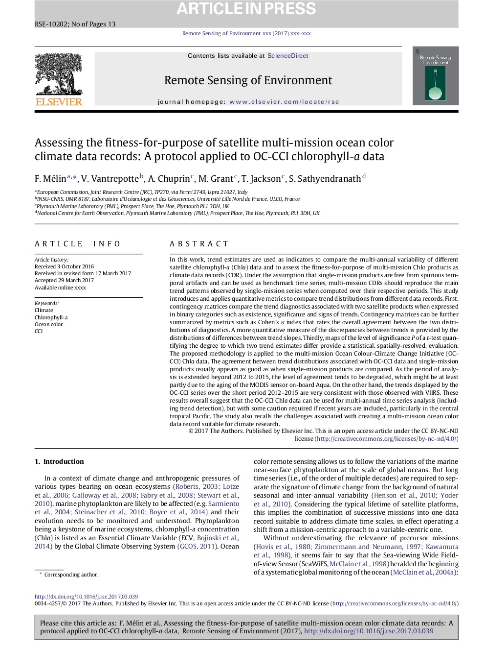 Assessing the fitness-for-purpose of satellite multi-mission ocean color climate data records: A protocol applied to OC-CCI chlorophyll-a data