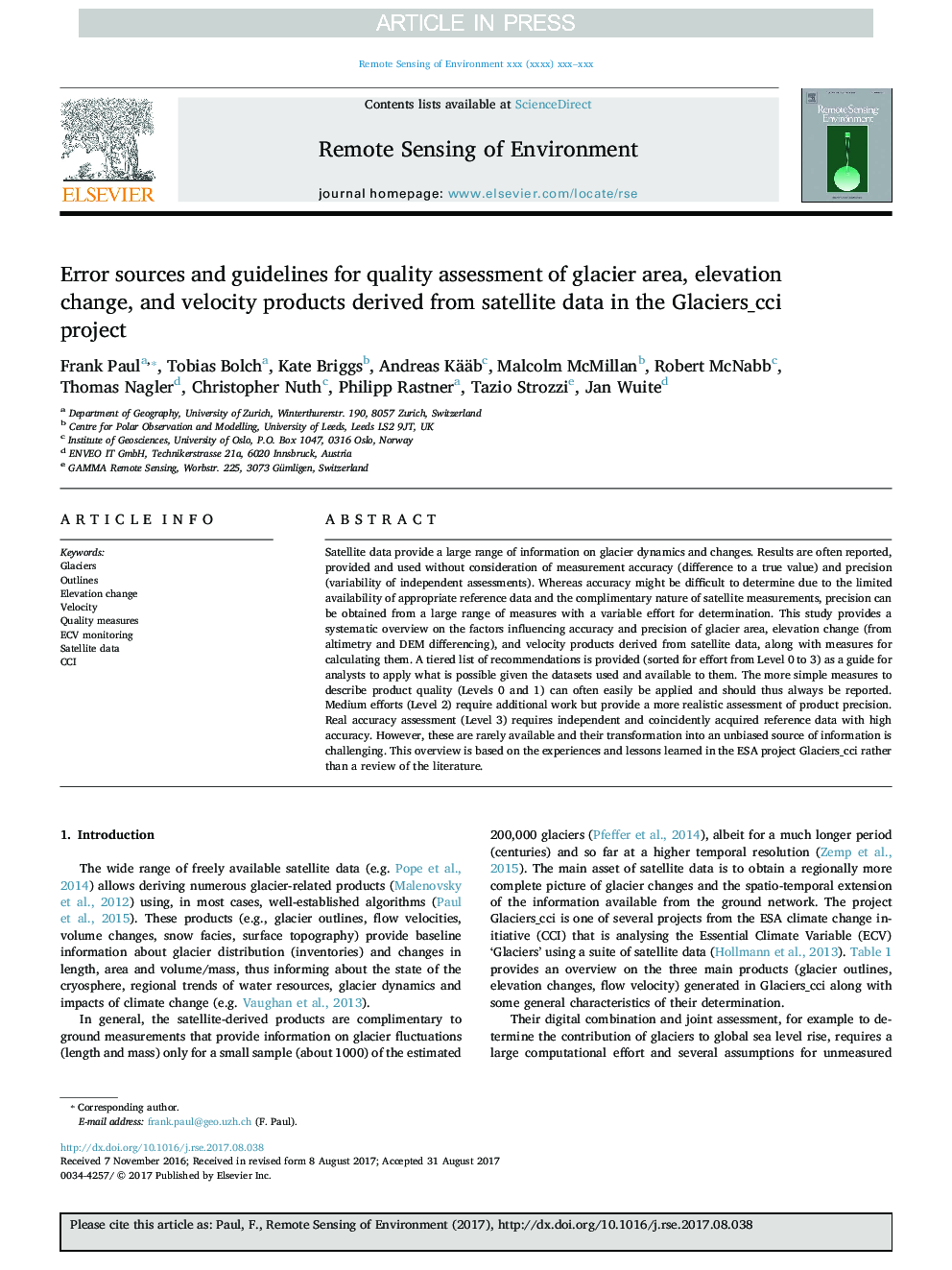Error sources and guidelines for quality assessment of glacier area, elevation change, and velocity products derived from satellite data in the Glaciers_cci project