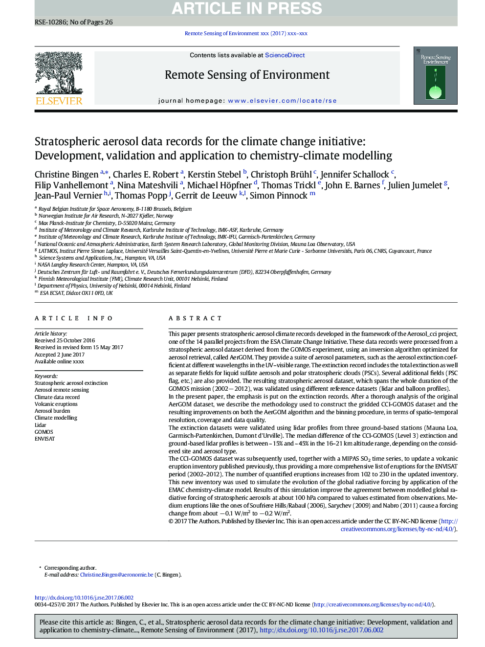 Stratospheric aerosol data records for the climate change initiative: Development, validation and application to chemistry-climate modelling