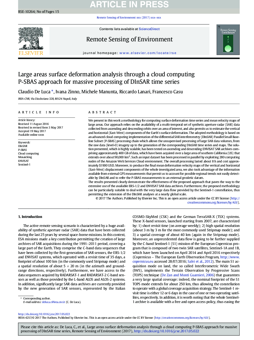 Large areas surface deformation analysis through a cloud computing P-SBAS approach for massive processing of DInSAR time series