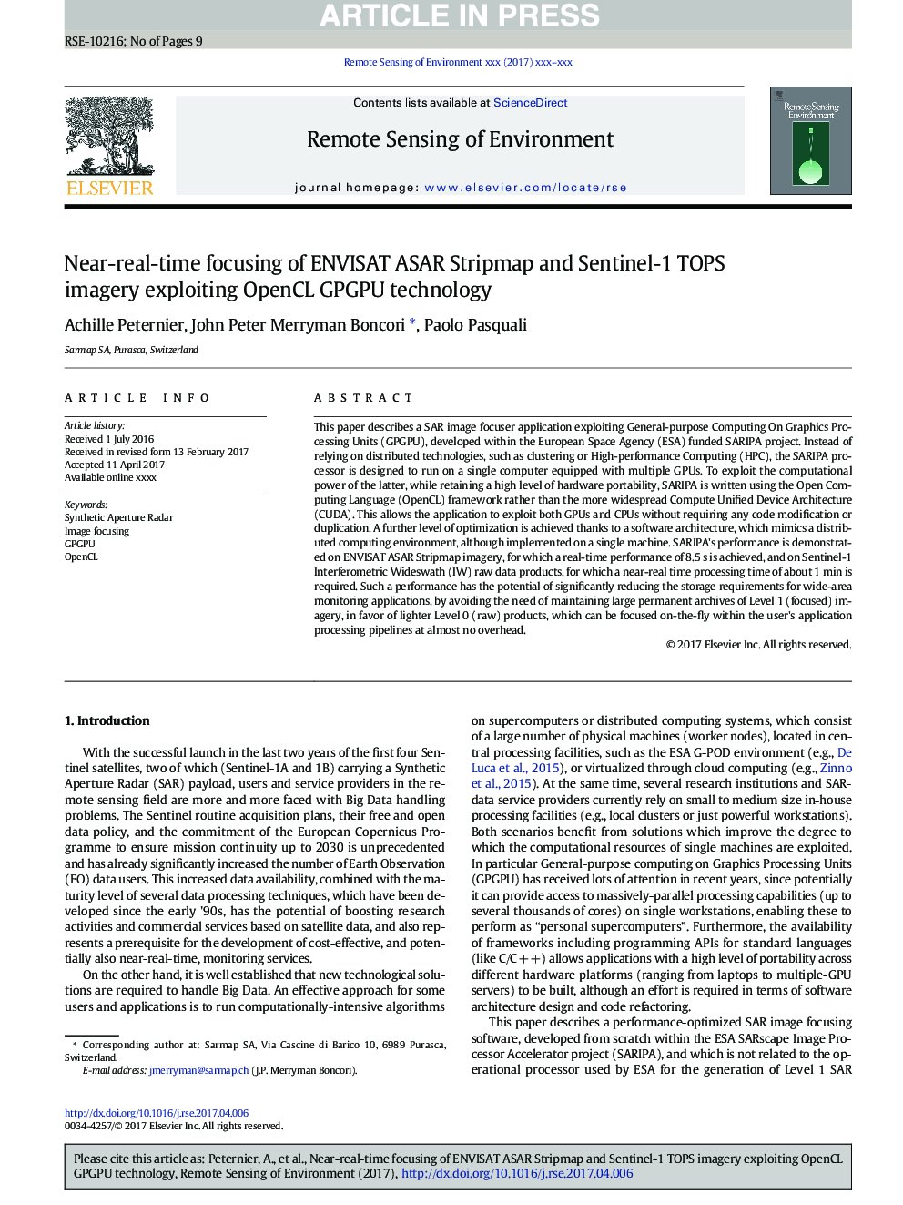 Near-real-time focusing of ENVISAT ASAR Stripmap and Sentinel-1 TOPS imagery exploiting OpenCL GPGPU technology