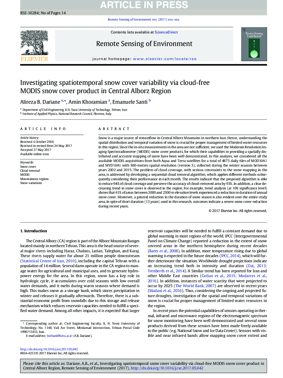 Investigating spatiotemporal snow cover variability via cloud-free MODIS snow cover product in Central Alborz Region