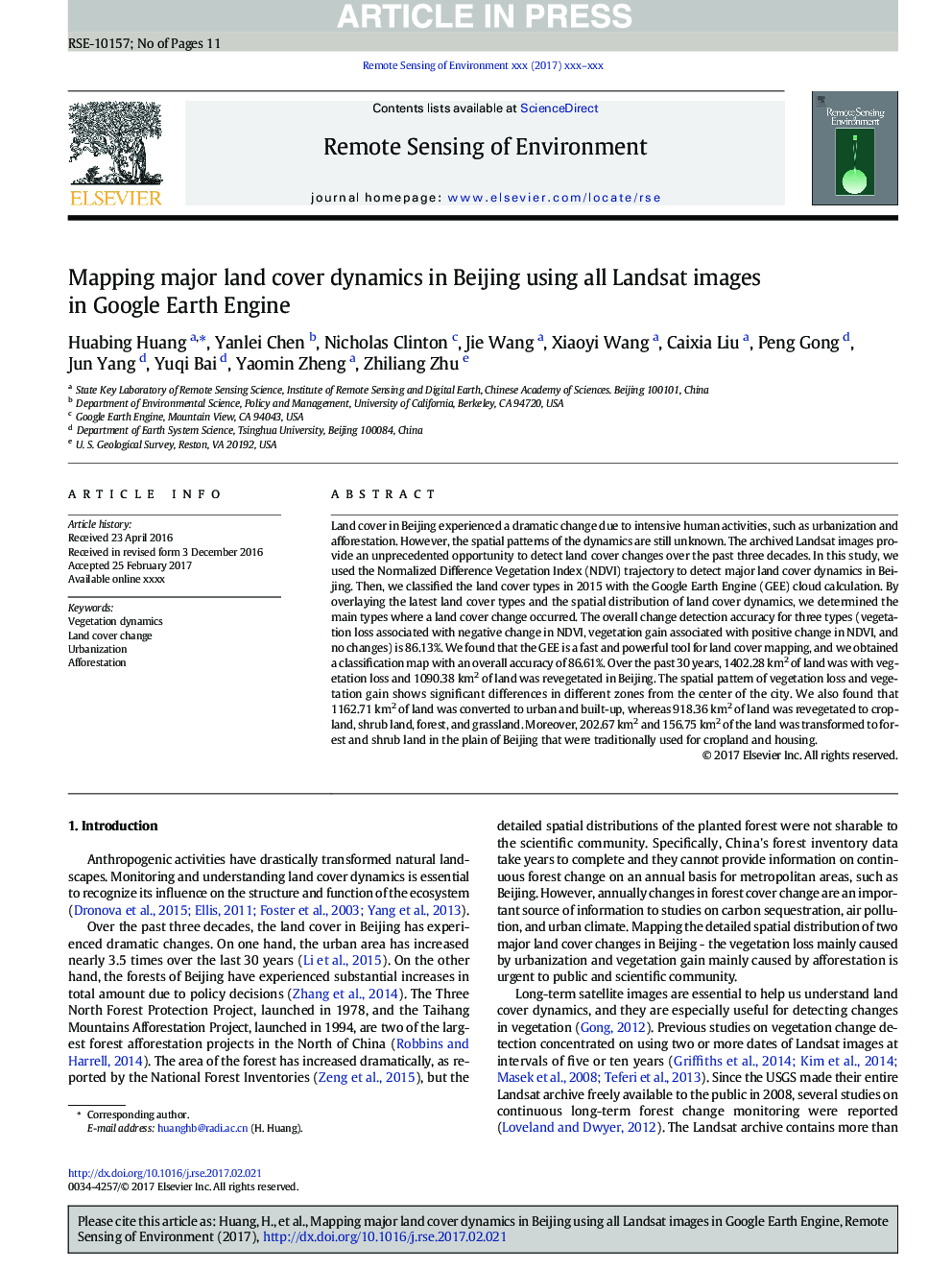 Mapping major land cover dynamics in Beijing using all Landsat images in Google Earth Engine