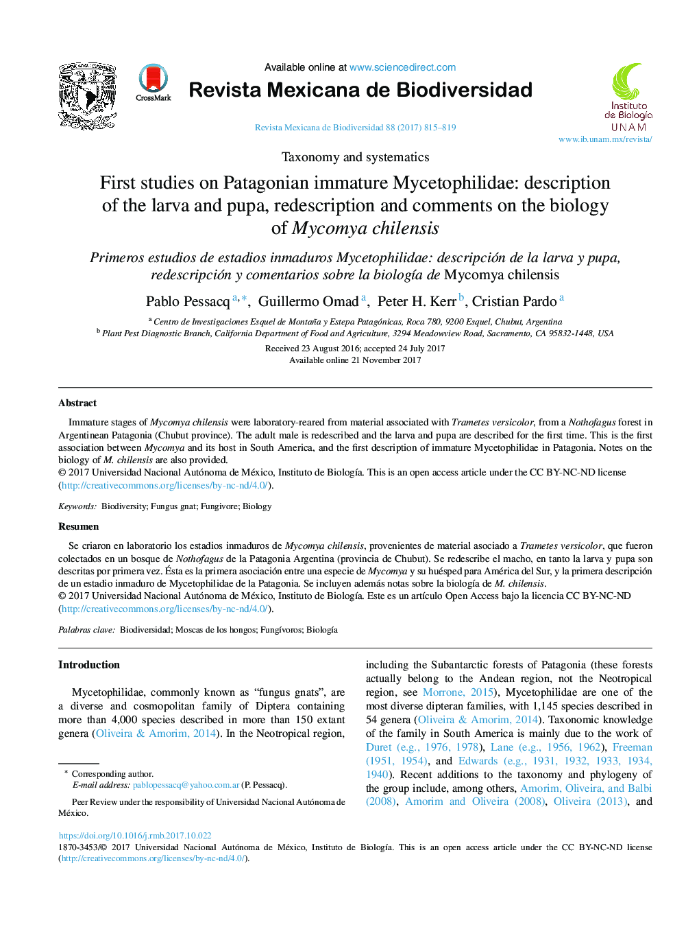 First studies on Patagonian immature Mycetophilidae: description of the larva and pupa, redescription and comments on the biology of Mycomya chilensis