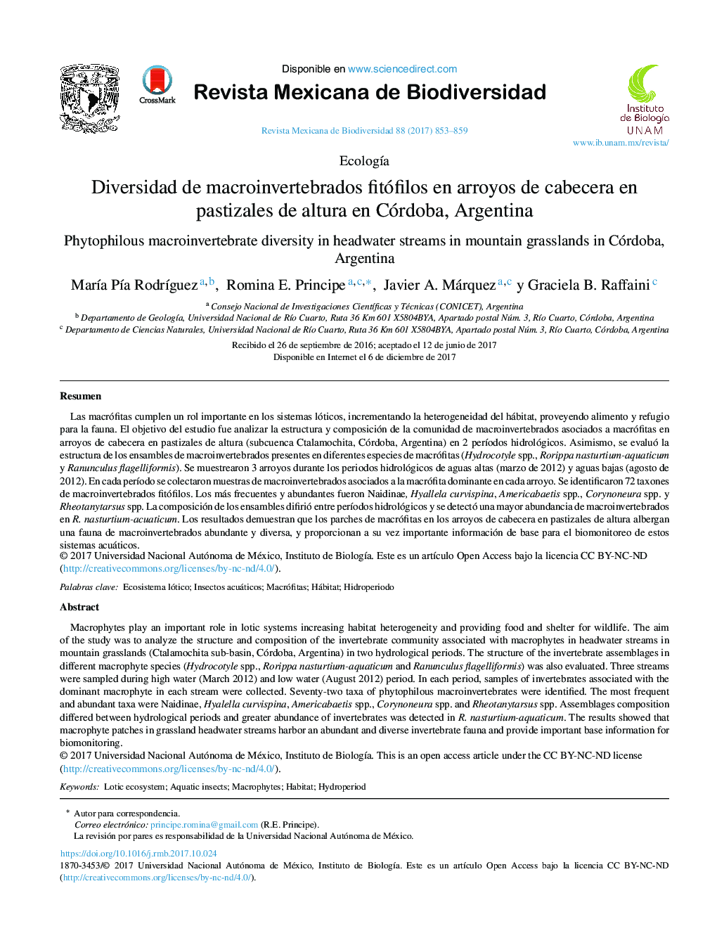 Diversidad de macroinvertebrados fitófilos en arroyos de cabecera en pastizales de altura en Córdoba, Argentina