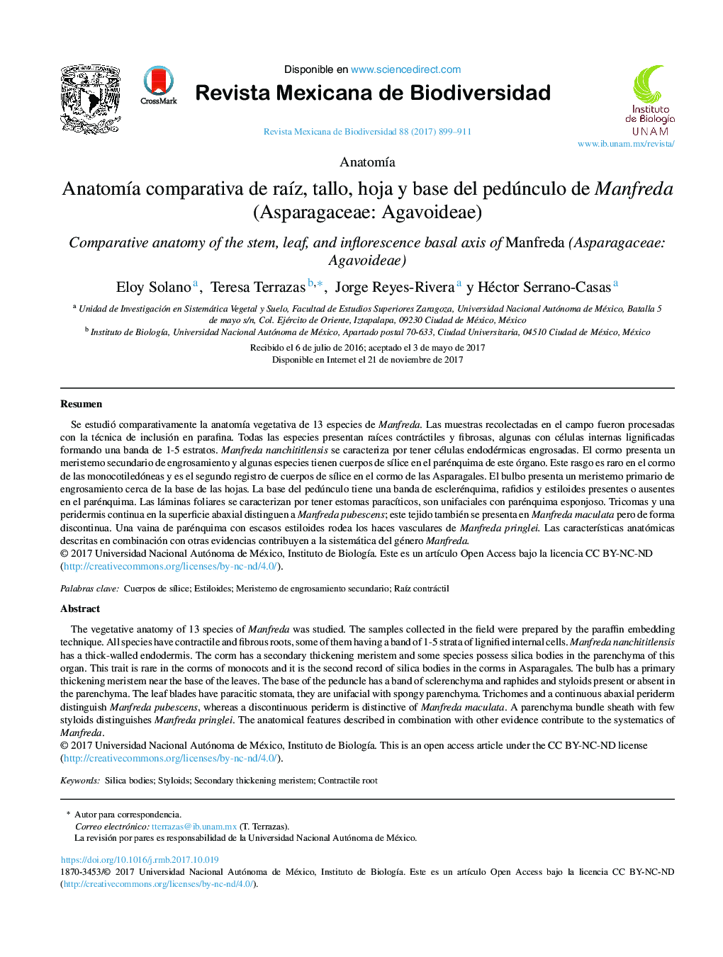 AnatomÃ­a comparativa de raÃ­z, tallo, hoja y base del pedúnculo de Manfreda (Asparagaceae: Agavoideae)